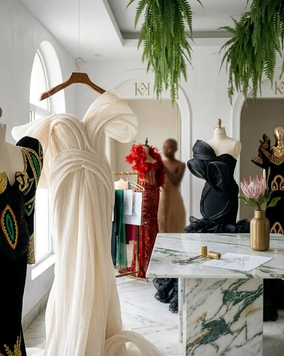 An ivory Kolo gown on its hanger inside the atelier