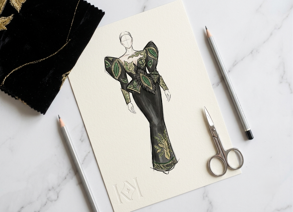 A Kolo design sketch with pencils and scissors on a marble table