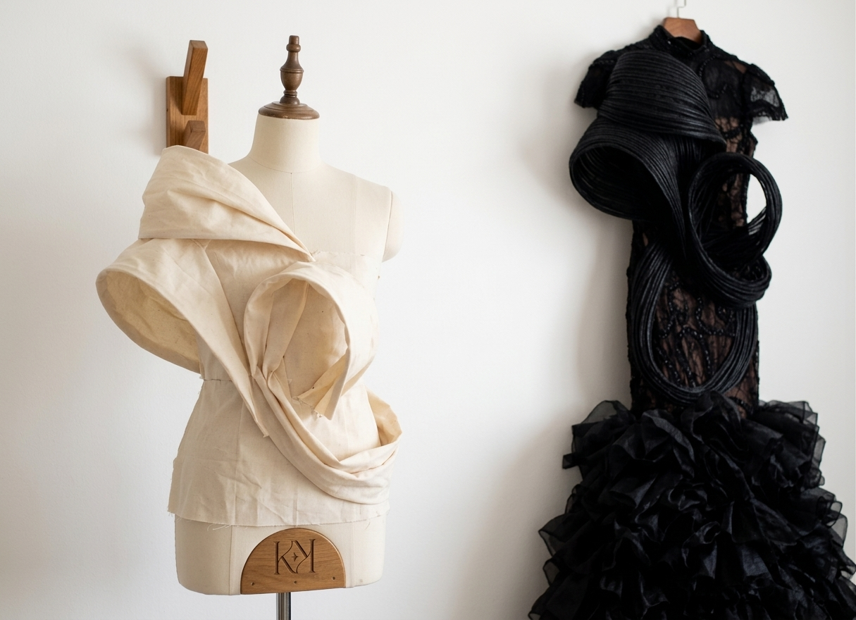 A sculptural white bodice and a black gown on tailor's mannequins