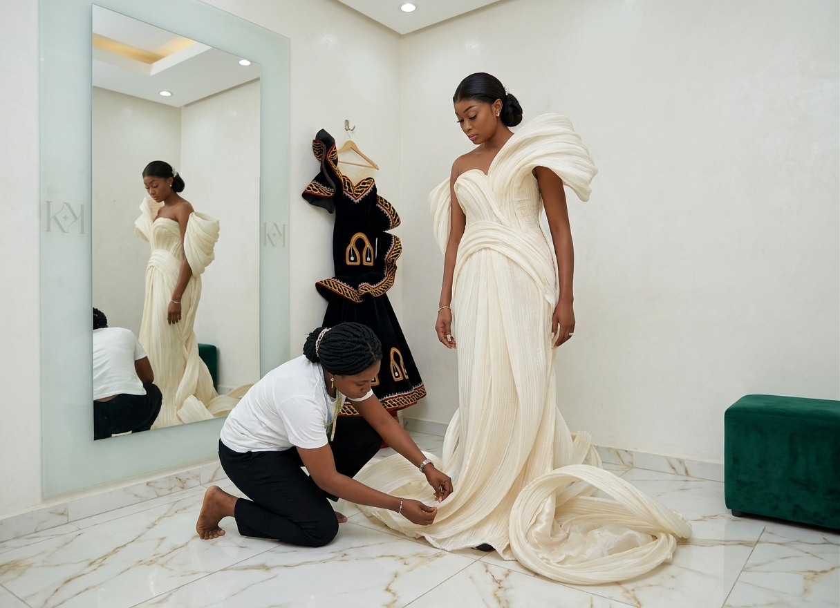 An artisan adjusting the hem of a pleated ivory gown
