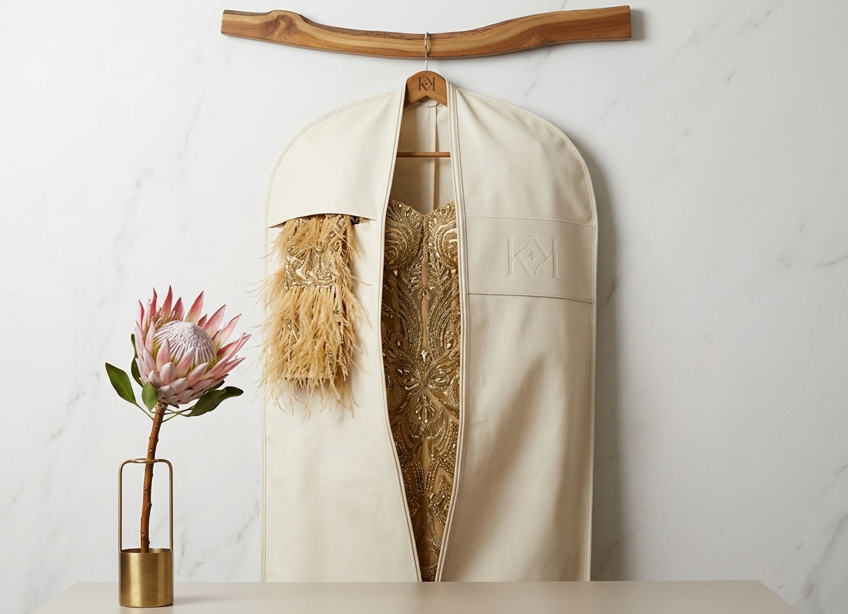 A finished ivory Kolo gown on its hanger beside a protea bloom