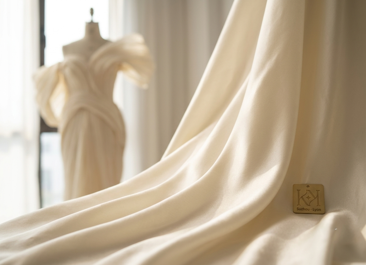 Ivory silk draped over a tailor's mannequin by the atelier window