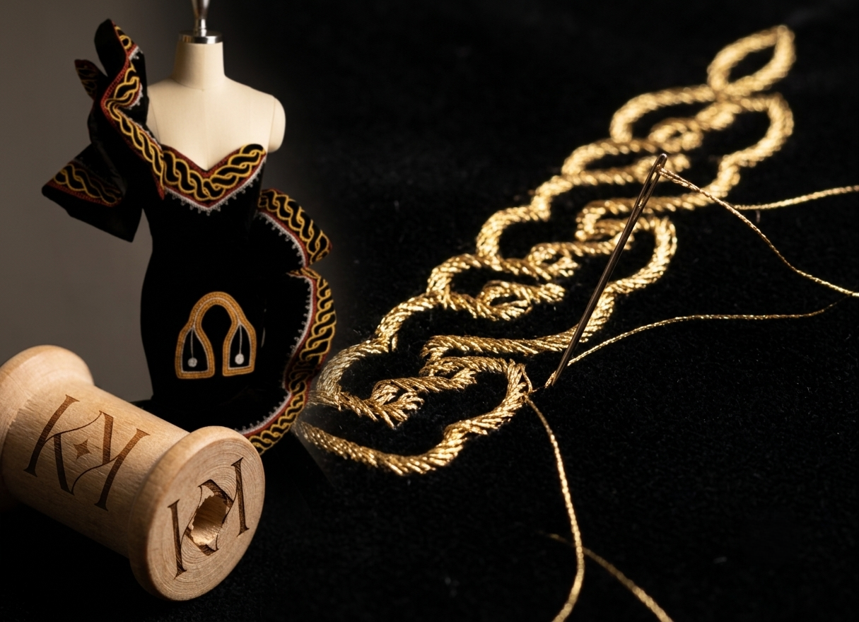 Macro detail of matte gold thread embroidery on ivory silk
