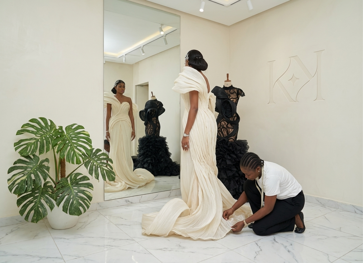 Pinning a gown during a private fitting