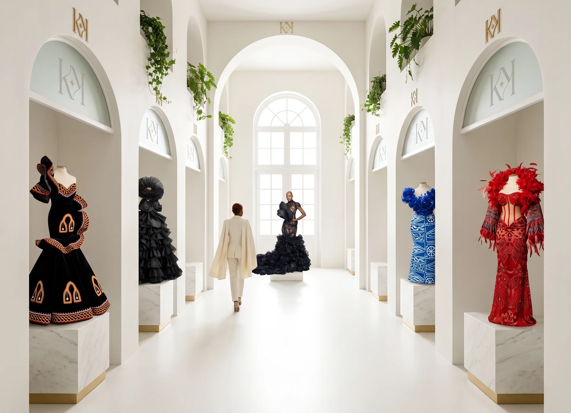 Ivory arched gallery lined with couture gowns on pedestals