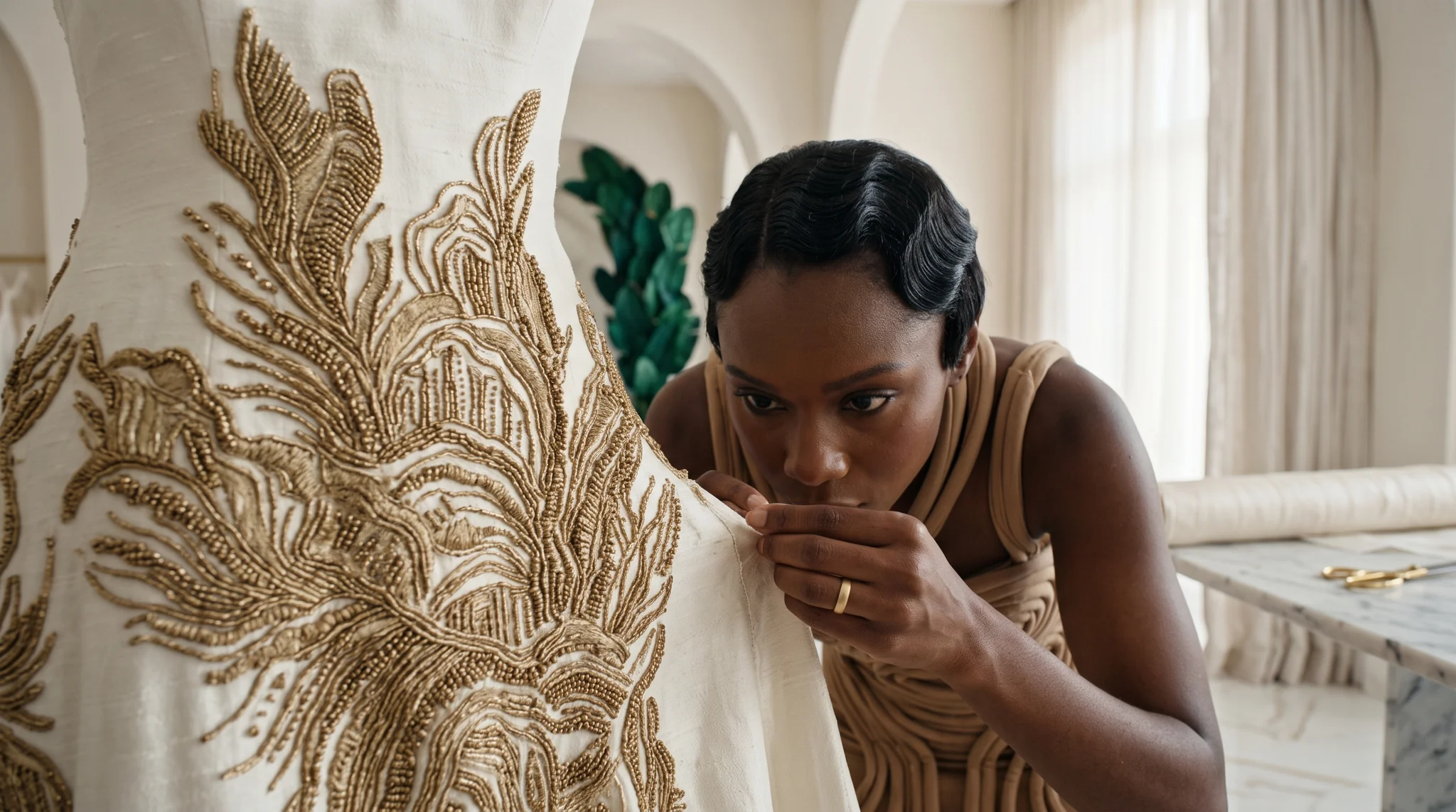A woman sewing closely on an embroidered Kolo gown