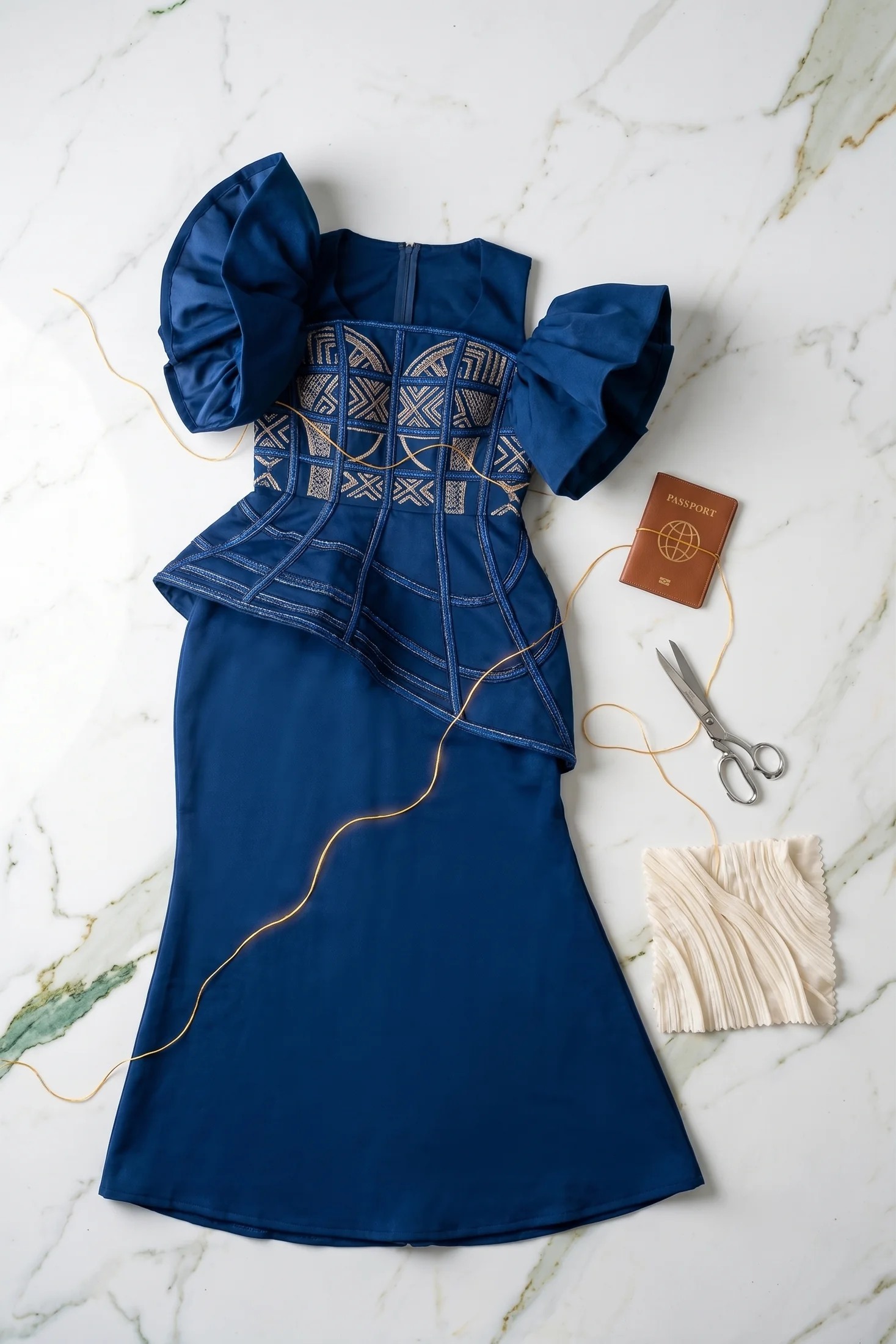 Royal blue embroidered gown laid out with scissors, thread and a passport