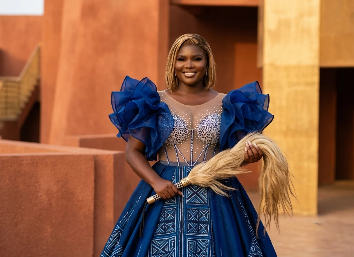A royal blue ceremonial ballgown with ruffled sleeves