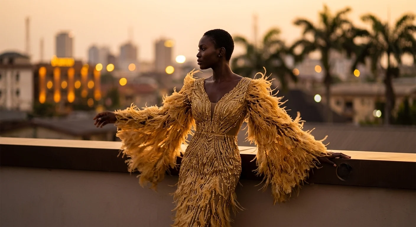 A gold fringed gown on a rooftop at golden hour
