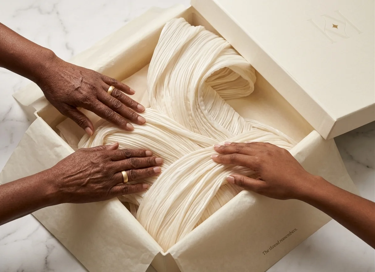 Hands arranging cream silk threads in a marble flat lay