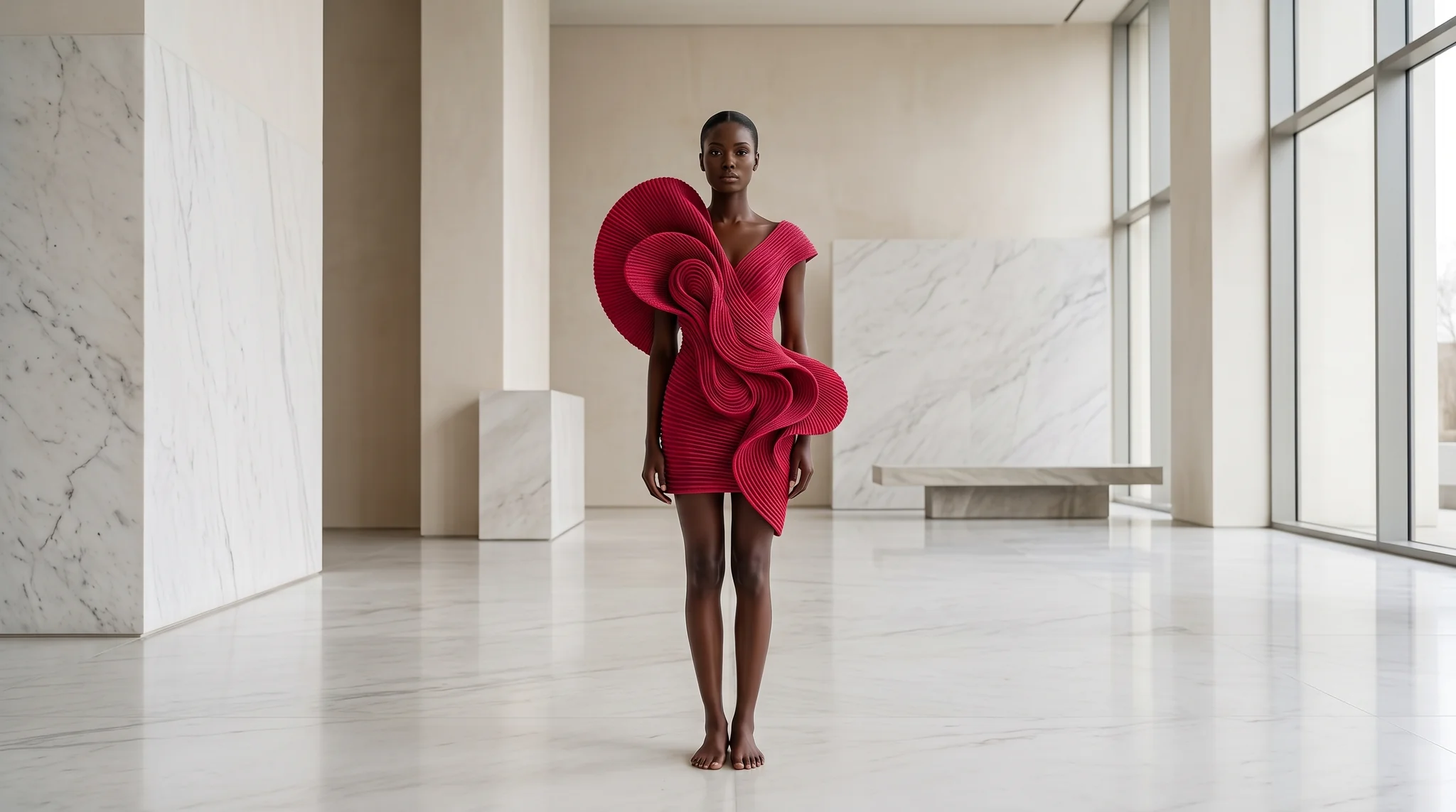 A model standing alone in a sculptural pleated crimson Kolo mini dress
